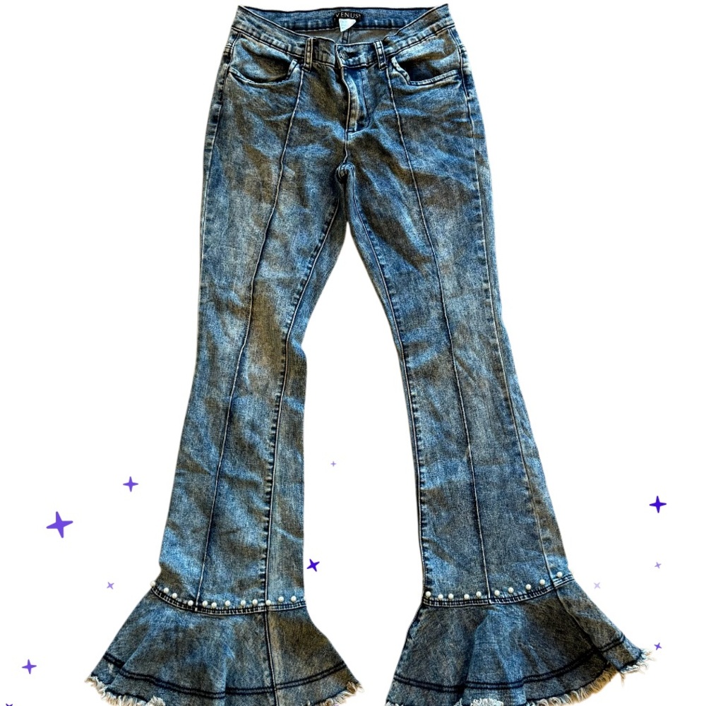 Venus Y2K Jeans Bell Bottoms Hippie Flare Pearl Hem SZ 4